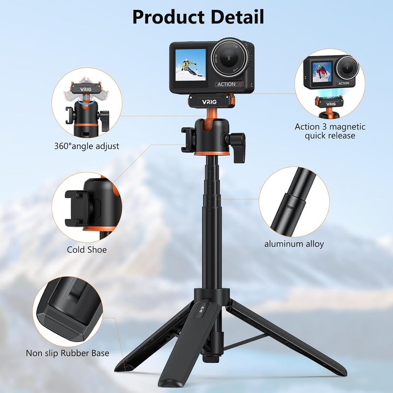 VRIG AC-40 Action Camera Selfie Stick Tripod with Quick Release Adapter, 360° Ball Head & Cold Shoe Mount, 8 to 21 inches Extendable Tripod for DJI Osmo Action 5 Pro/Action 4/ Action 3/ Osmo 360 - Image 2